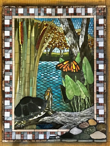 Turtle and Monarch; 18" x 24"; natural stone, stained glass, marble; kitchen wall inset, private home